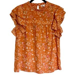 DR2 Orange/White Floral Short Flutter‎ Sleeve Spring Summer Blouse Top Sz-Small